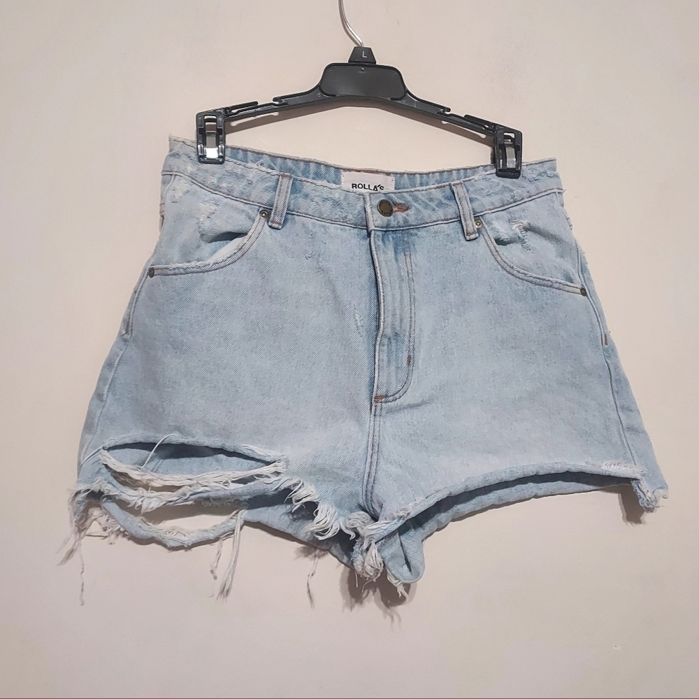 ROLLA'S Light Blue Distressed High-Rise Denim Shorts Sz-28